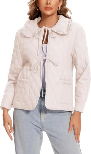 Wanzetaly Womens Casual Lightweight Quilted Jacket Bow Tie Front Outerwear Winter Padded Coat with Pockets