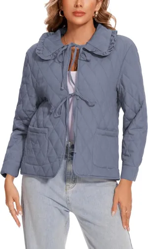 Wanzetaly Womens Casual Lightweight Quilted Jacket Bow Tie Front Outerwear Winter Padded Coat with Pockets