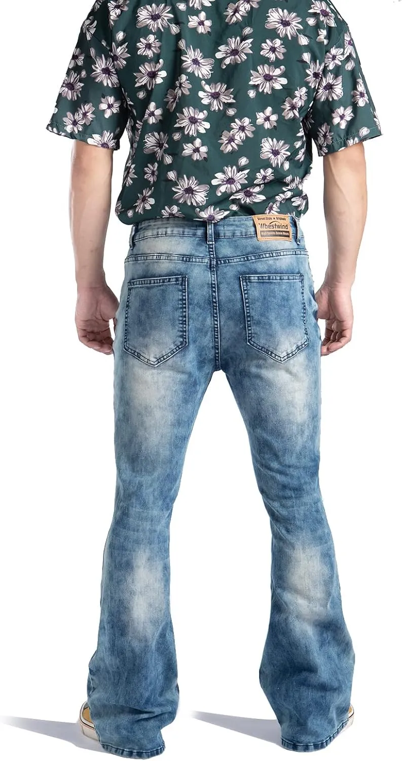 Wbestwind 70s Disco Pants for Men Relaxed Stretch 60s 70sBell Bottom Fit Comfort Flared Retro Leg Denim Vintage Jeans