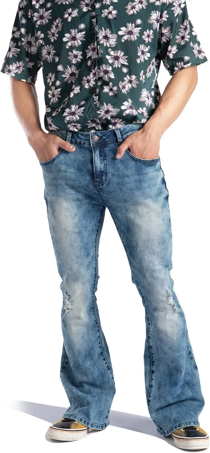 Wbestwind 70s Disco Pants for Men Relaxed Stretch 60s 70sBell Bottom Fit Comfort Flared Retro Leg Denim Vintage Jeans