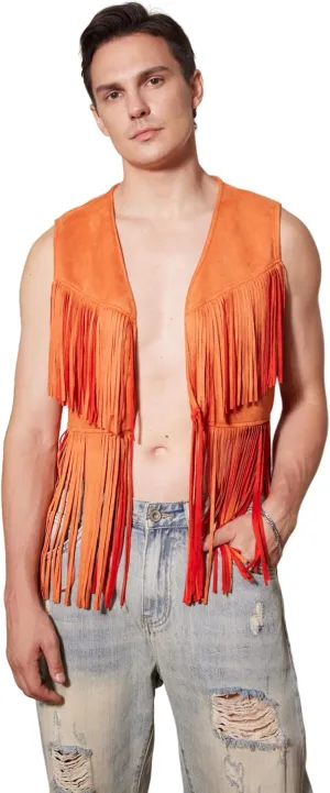 WDIRARA Men's Open Front Sleeveless Fringe Hem Party Club Jacket Vest Outerwear