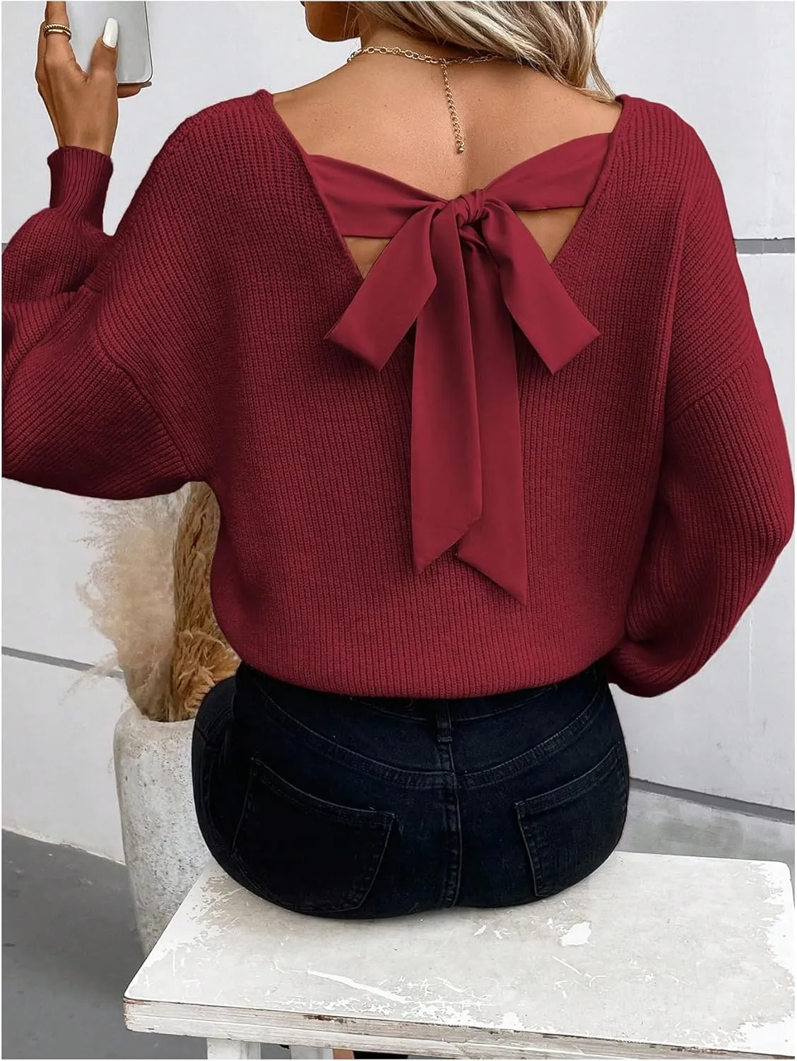 WDIRARA Women's Bow Sweaters Long Sleeve Backless V Neck Oversized Knit Pullover Sweater