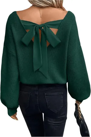 WDIRARA Women's Bow Sweaters Long Sleeve Backless V Neck Oversized Knit Pullover Sweater