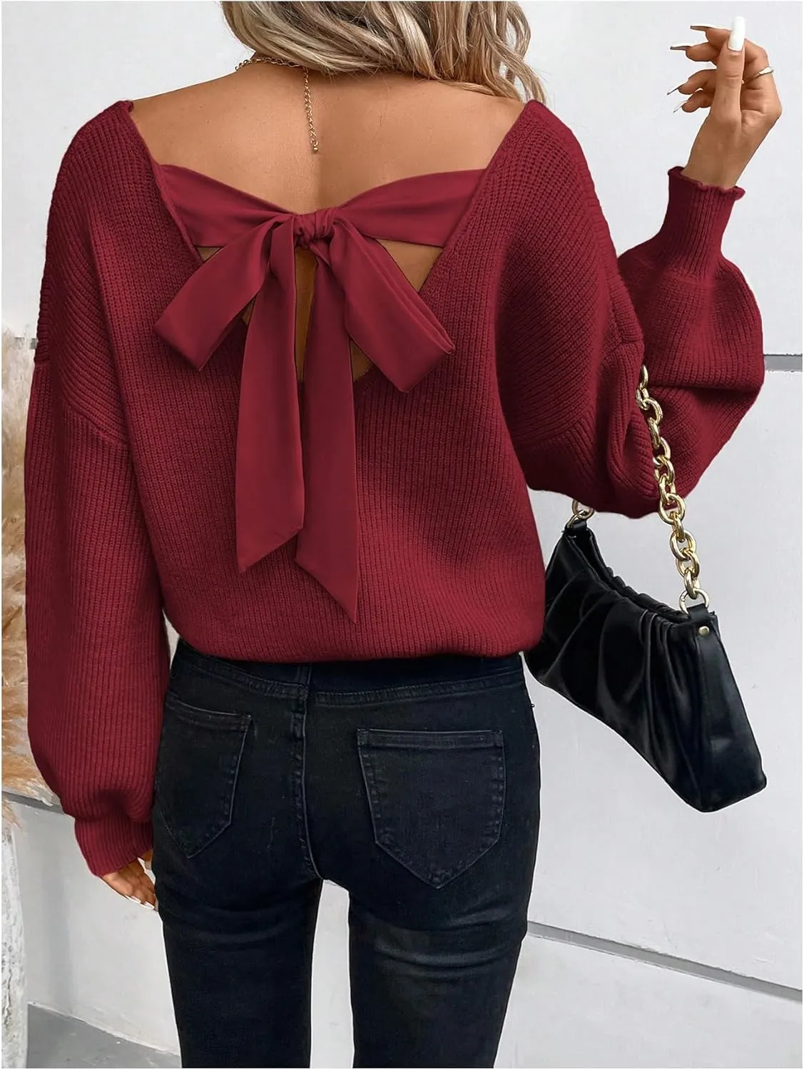 WDIRARA Women's Bow Sweaters Long Sleeve Backless V Neck Oversized Knit Pullover Sweater