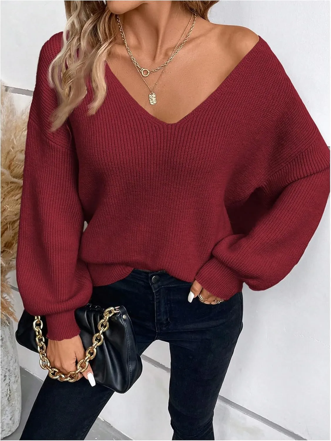 WDIRARA Women's Bow Sweaters Long Sleeve Backless V Neck Oversized Knit Pullover Sweater