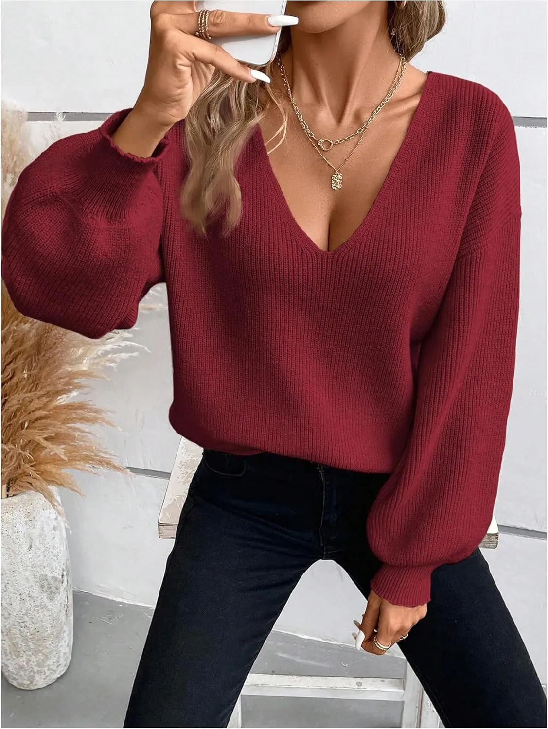 WDIRARA Women's Bow Sweaters Long Sleeve Backless V Neck Oversized Knit Pullover Sweater