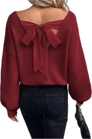 WDIRARA Women's Bow Sweaters Long Sleeve Backless V Neck Oversized Knit Pullover Sweater