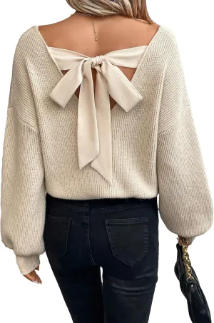 WDIRARA Women's Bow Sweaters Long Sleeve Backless V Neck Oversized Knit Pullover Sweater