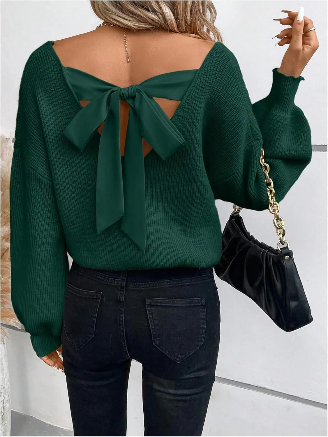 WDIRARA Women's Bow Sweaters Long Sleeve Backless V Neck Oversized Knit Pullover Sweater