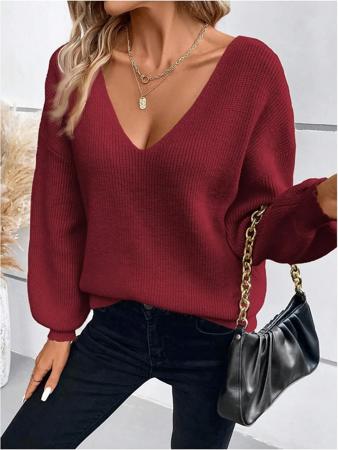 WDIRARA Women's Bow Sweaters Long Sleeve Backless V Neck Oversized Knit Pullover Sweater