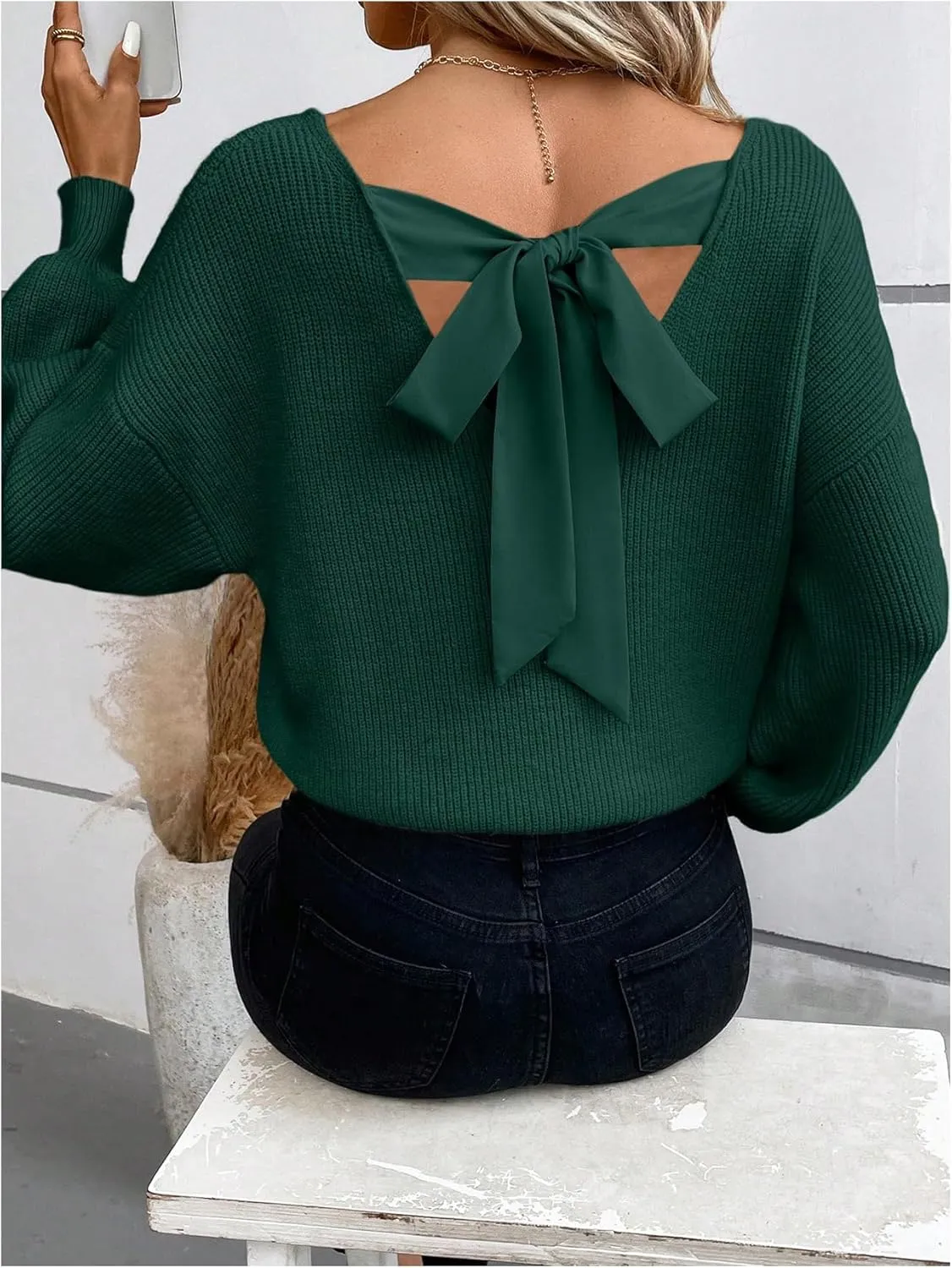 WDIRARA Women's Bow Sweaters Long Sleeve Backless V Neck Oversized Knit Pullover Sweater