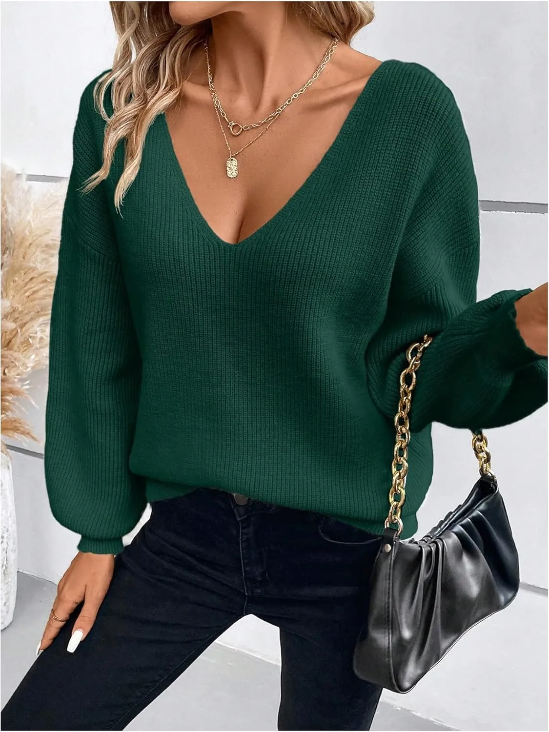 WDIRARA Women's Bow Sweaters Long Sleeve Backless V Neck Oversized Knit Pullover Sweater