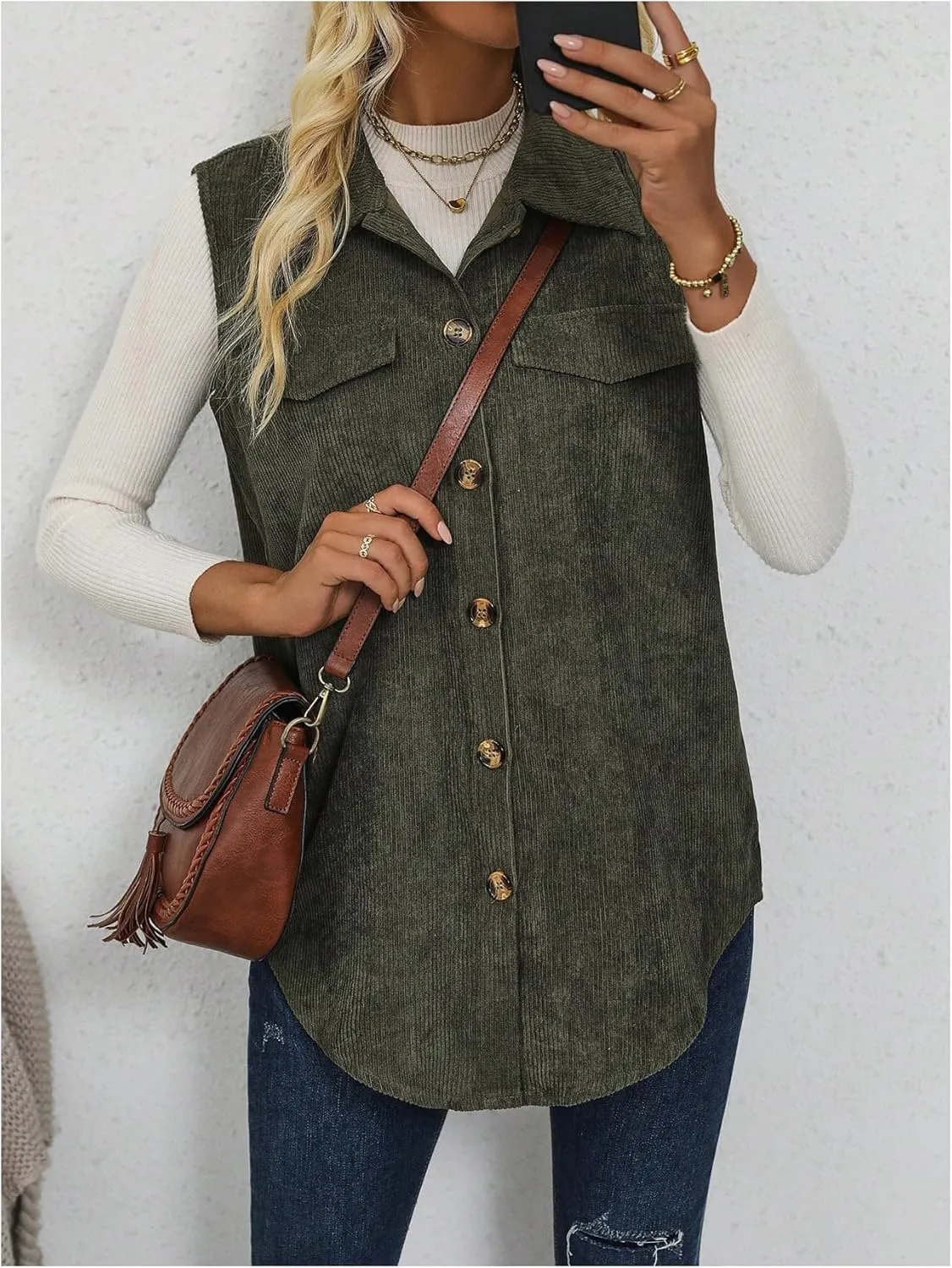 WDIRARA Women's Button Down Sleeveless Corduroy Jacket Vest Waistcoat Outerwear