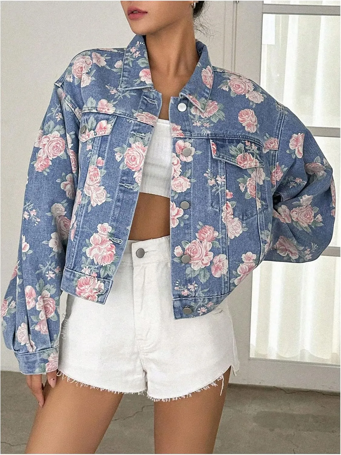 WDIRARA Women's Floral Print Button Down Denim Jacket Long Sleeve Outerwear