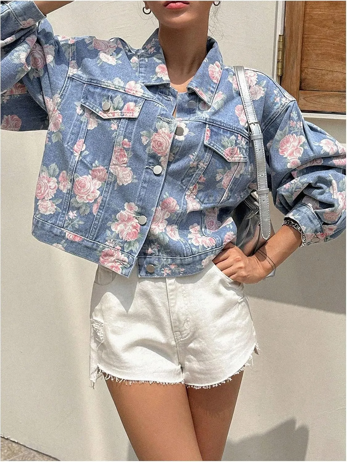 WDIRARA Women's Floral Print Button Down Denim Jacket Long Sleeve Outerwear