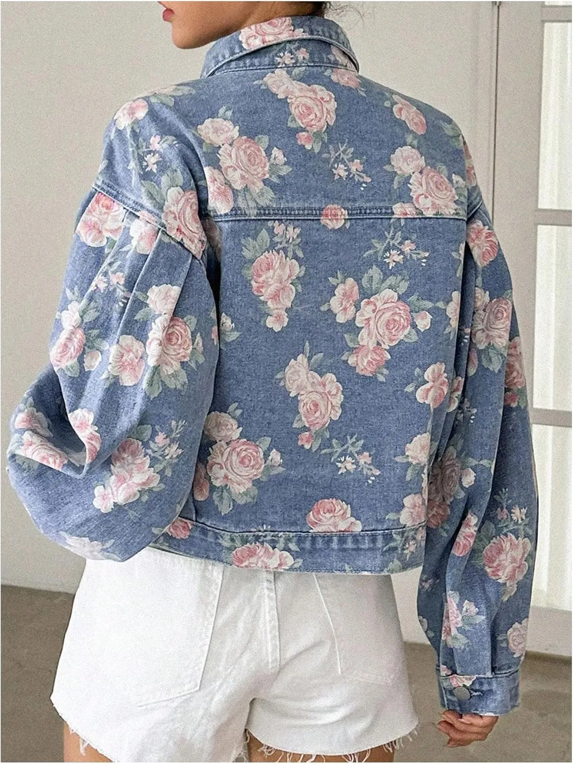 WDIRARA Women's Floral Print Button Down Denim Jacket Long Sleeve Outerwear