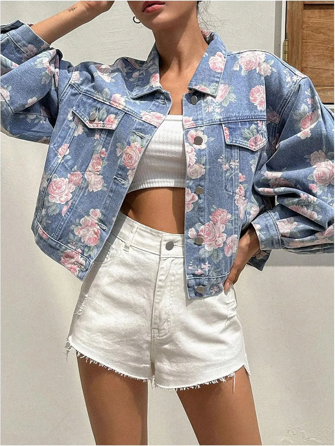 WDIRARA Women's Floral Print Button Down Denim Jacket Long Sleeve Outerwear