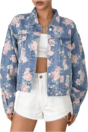 WDIRARA Women's Floral Print Button Down Denim Jacket Long Sleeve Outerwear