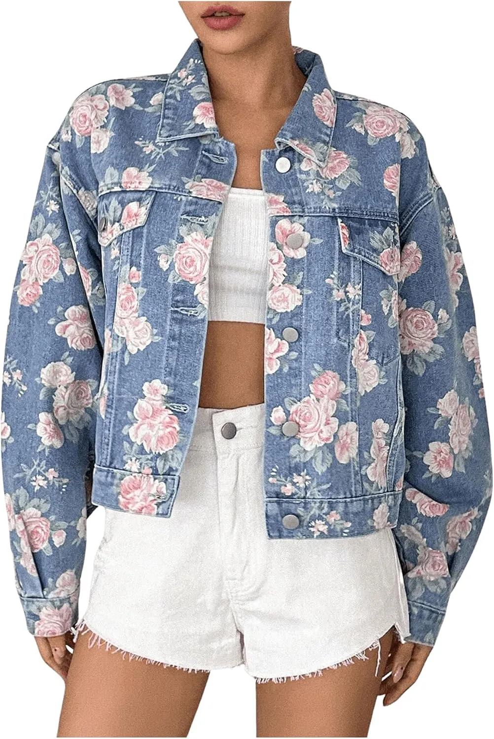 WDIRARA Women's Floral Print Button Down Denim Jacket Long Sleeve Outerwear