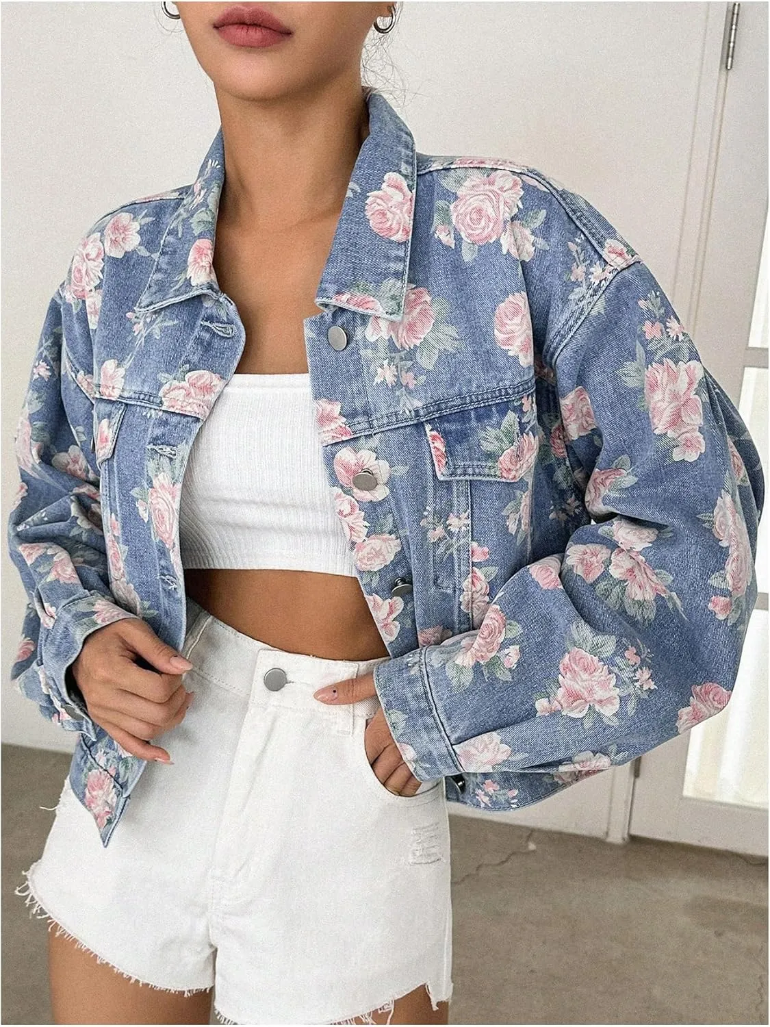 WDIRARA Women's Floral Print Button Down Denim Jacket Long Sleeve Outerwear