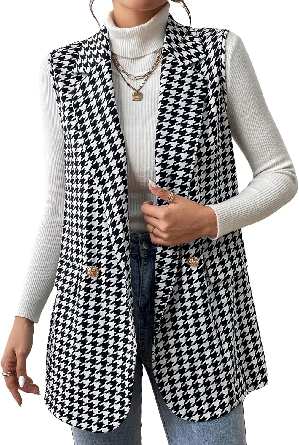 WDIRARA Women's Houndstooth Print Sleeveless Lapel Raw Trim Button Front Long Vest Jacket