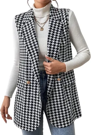 WDIRARA Women's Houndstooth Print Sleeveless Lapel Raw Trim Button Front Long Vest Jacket