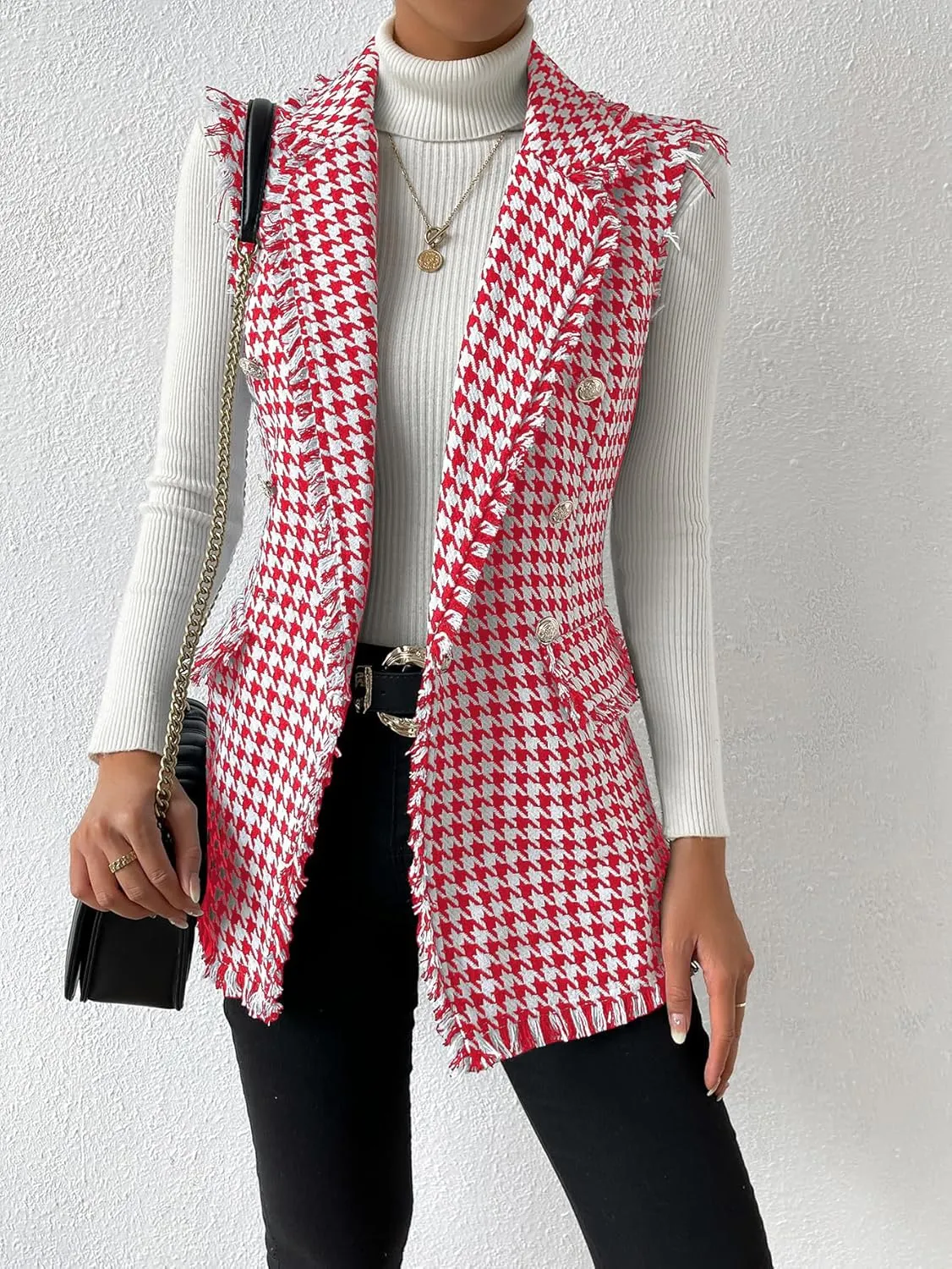 WDIRARA Women's Houndstooth Print Sleeveless Lapel Raw Trim Button Front Long Vest Jacket
