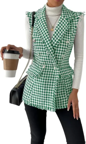 WDIRARA Women's Houndstooth Print Sleeveless Lapel Raw Trim Button Front Long Vest Jacket