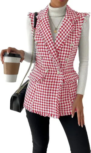 WDIRARA Women's Houndstooth Print Sleeveless Lapel Raw Trim Button Front Long Vest Jacket