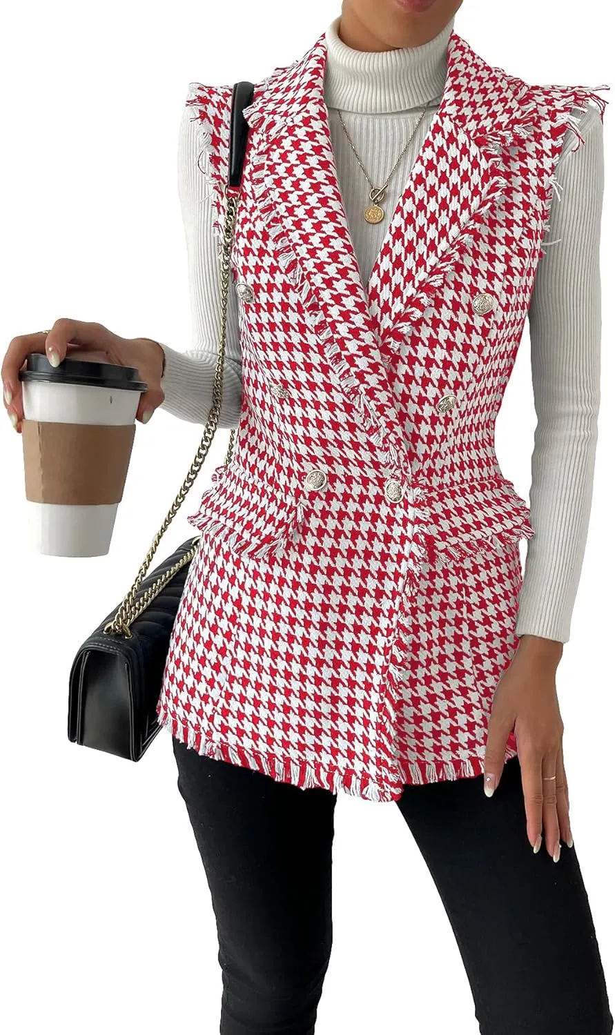 WDIRARA Women's Houndstooth Print Sleeveless Lapel Raw Trim Button Front Long Vest Jacket