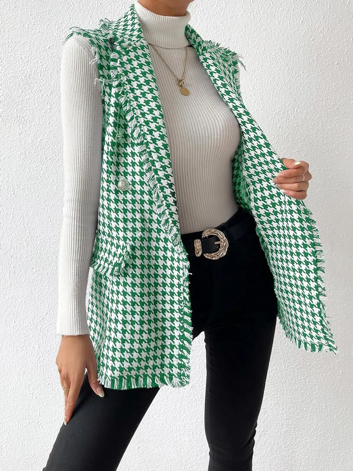 WDIRARA Women's Houndstooth Print Sleeveless Lapel Raw Trim Button Front Long Vest Jacket