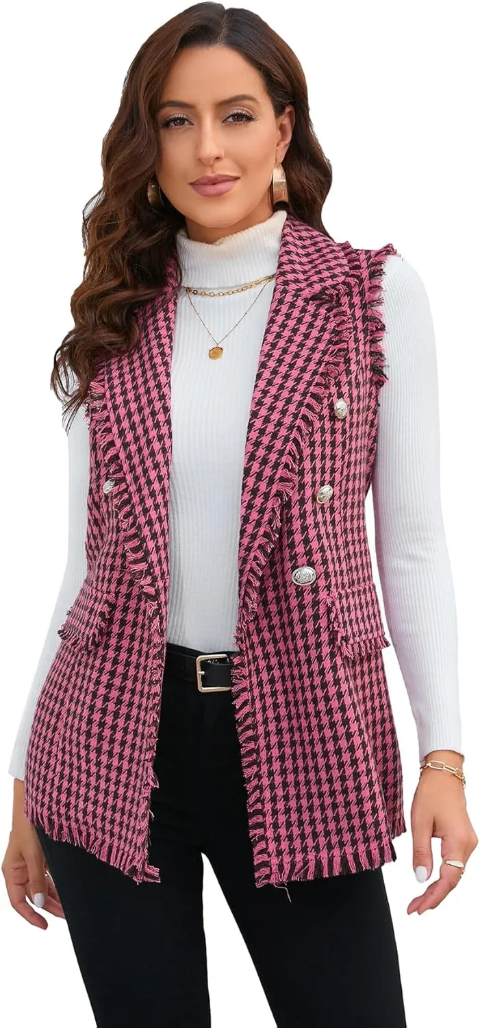 WDIRARA Women's Houndstooth Print Sleeveless Lapel Raw Trim Button Front Long Vest Jacket