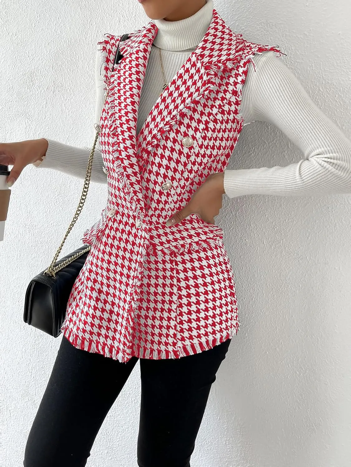 WDIRARA Women's Houndstooth Print Sleeveless Lapel Raw Trim Button Front Long Vest Jacket