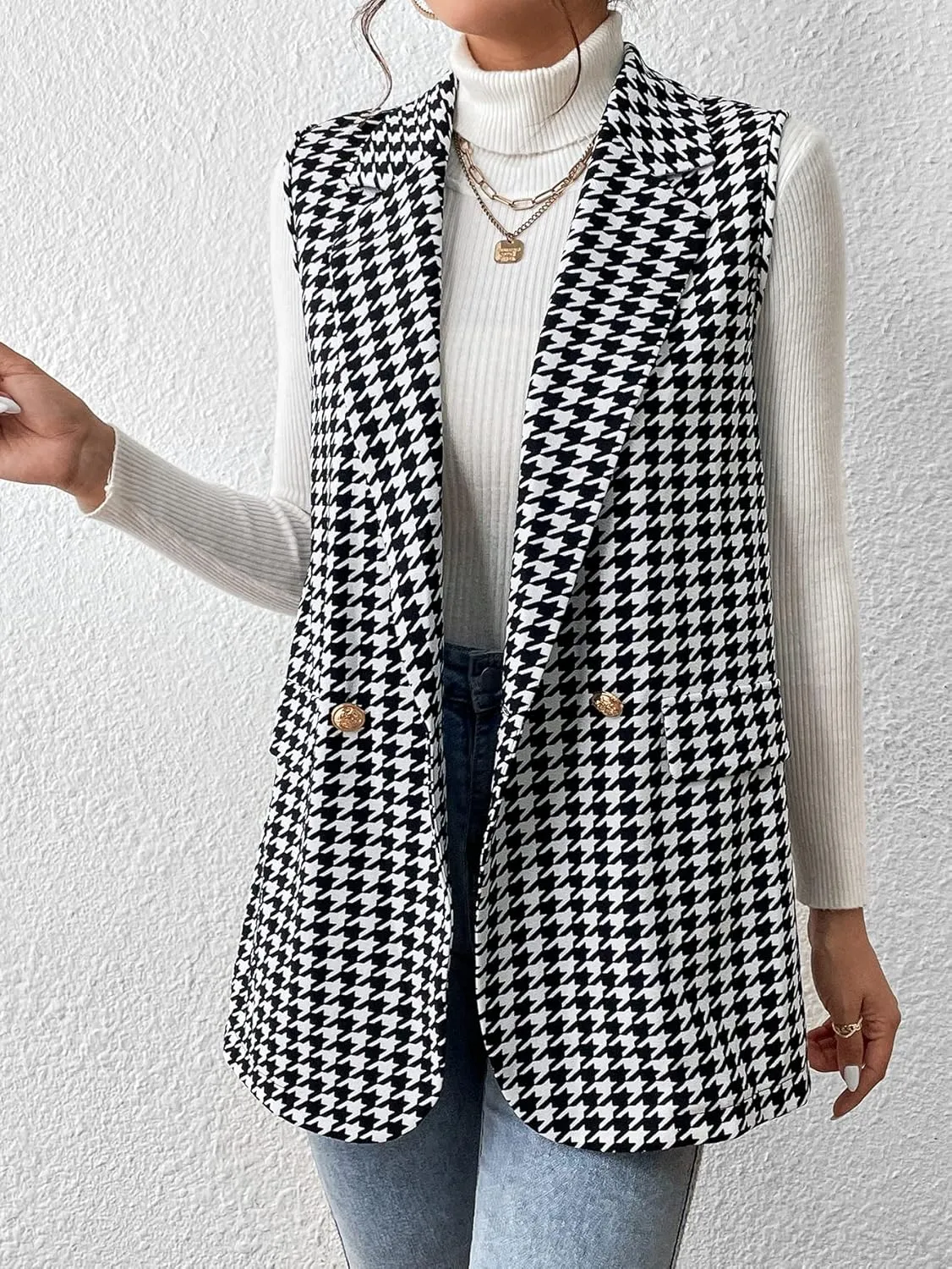 WDIRARA Women's Houndstooth Print Sleeveless Lapel Raw Trim Button Front Long Vest Jacket