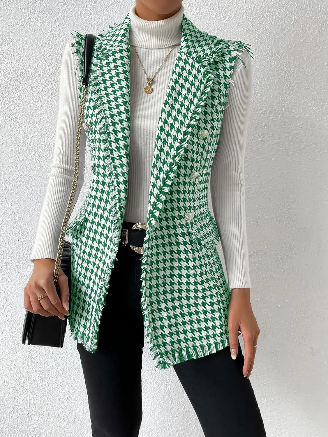 WDIRARA Women's Houndstooth Print Sleeveless Lapel Raw Trim Button Front Long Vest Jacket