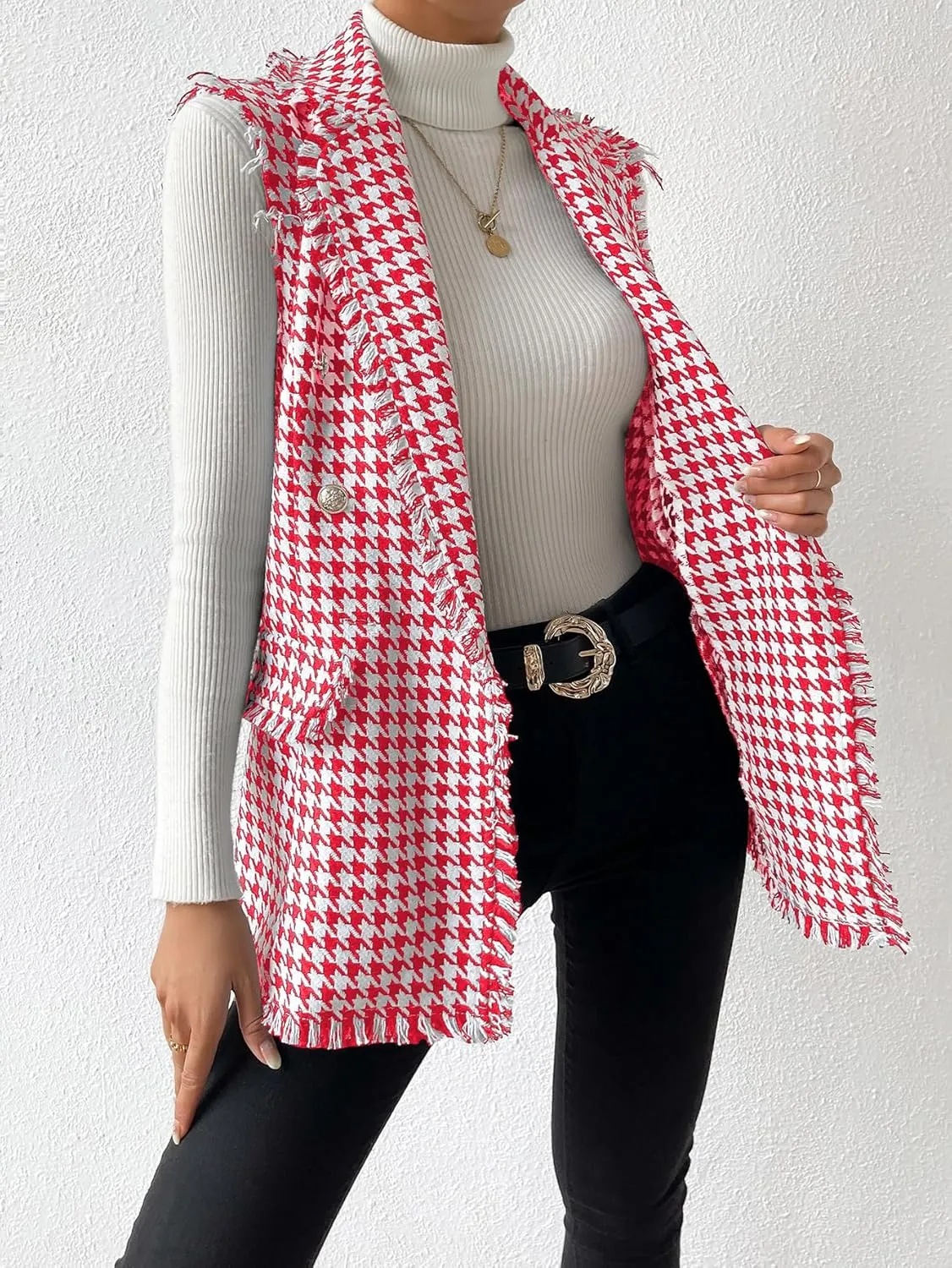 WDIRARA Women's Houndstooth Print Sleeveless Lapel Raw Trim Button Front Long Vest Jacket