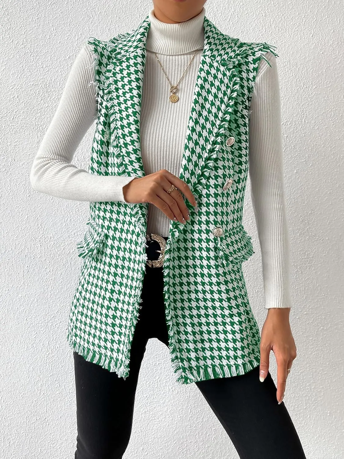 WDIRARA Women's Houndstooth Print Sleeveless Lapel Raw Trim Button Front Long Vest Jacket