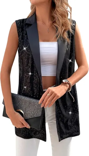 WDIRARA Women's Houndstooth Print Sleeveless Lapel Raw Trim Button Front Long Vest Jacket
