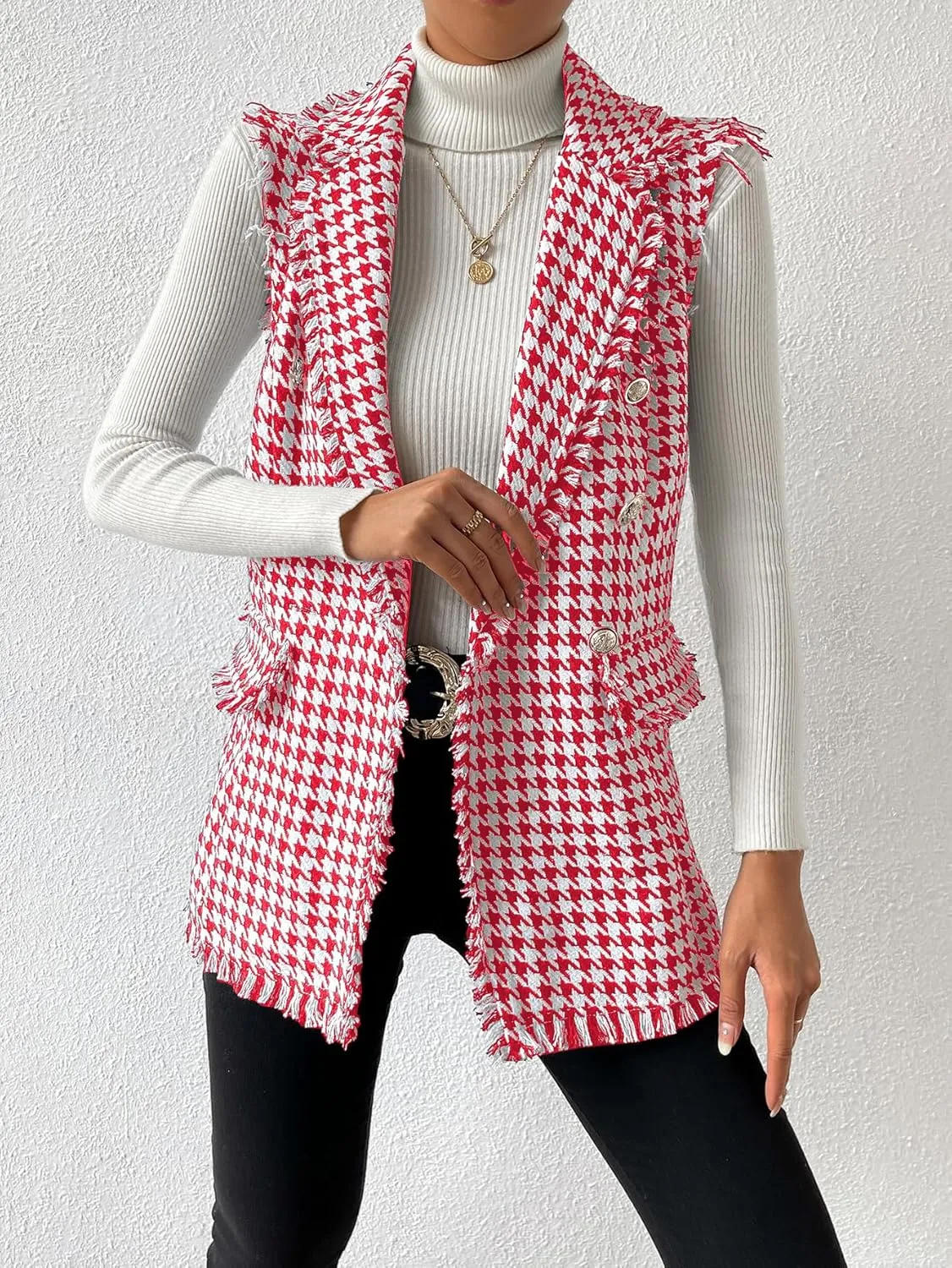 WDIRARA Women's Houndstooth Print Sleeveless Lapel Raw Trim Button Front Long Vest Jacket
