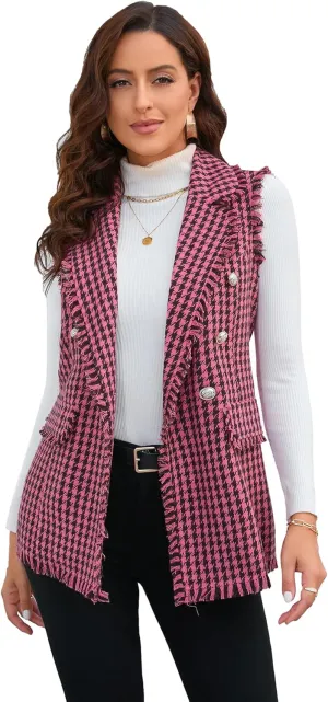 WDIRARA Women's Houndstooth Print Sleeveless Lapel Raw Trim Button Front Long Vest Jacket