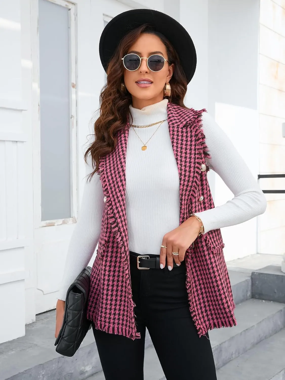 WDIRARA Women's Houndstooth Print Sleeveless Lapel Raw Trim Button Front Long Vest Jacket