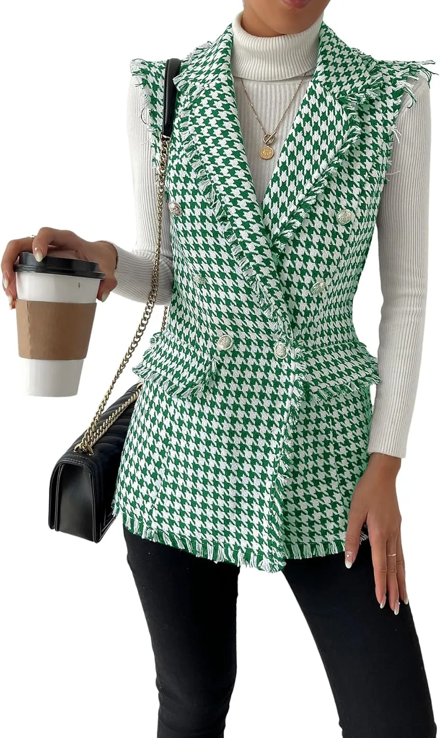 WDIRARA Women's Houndstooth Print Sleeveless Lapel Raw Trim Button Front Long Vest Jacket