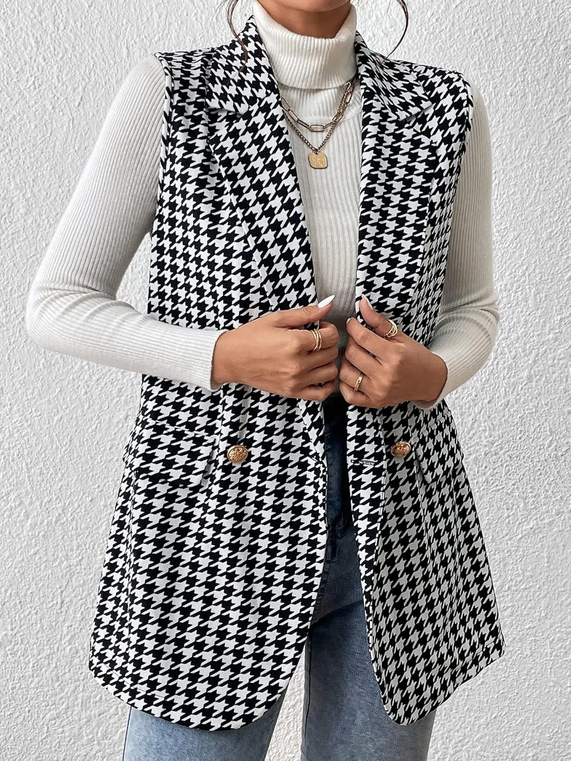 WDIRARA Women's Houndstooth Print Sleeveless Lapel Raw Trim Button Front Long Vest Jacket