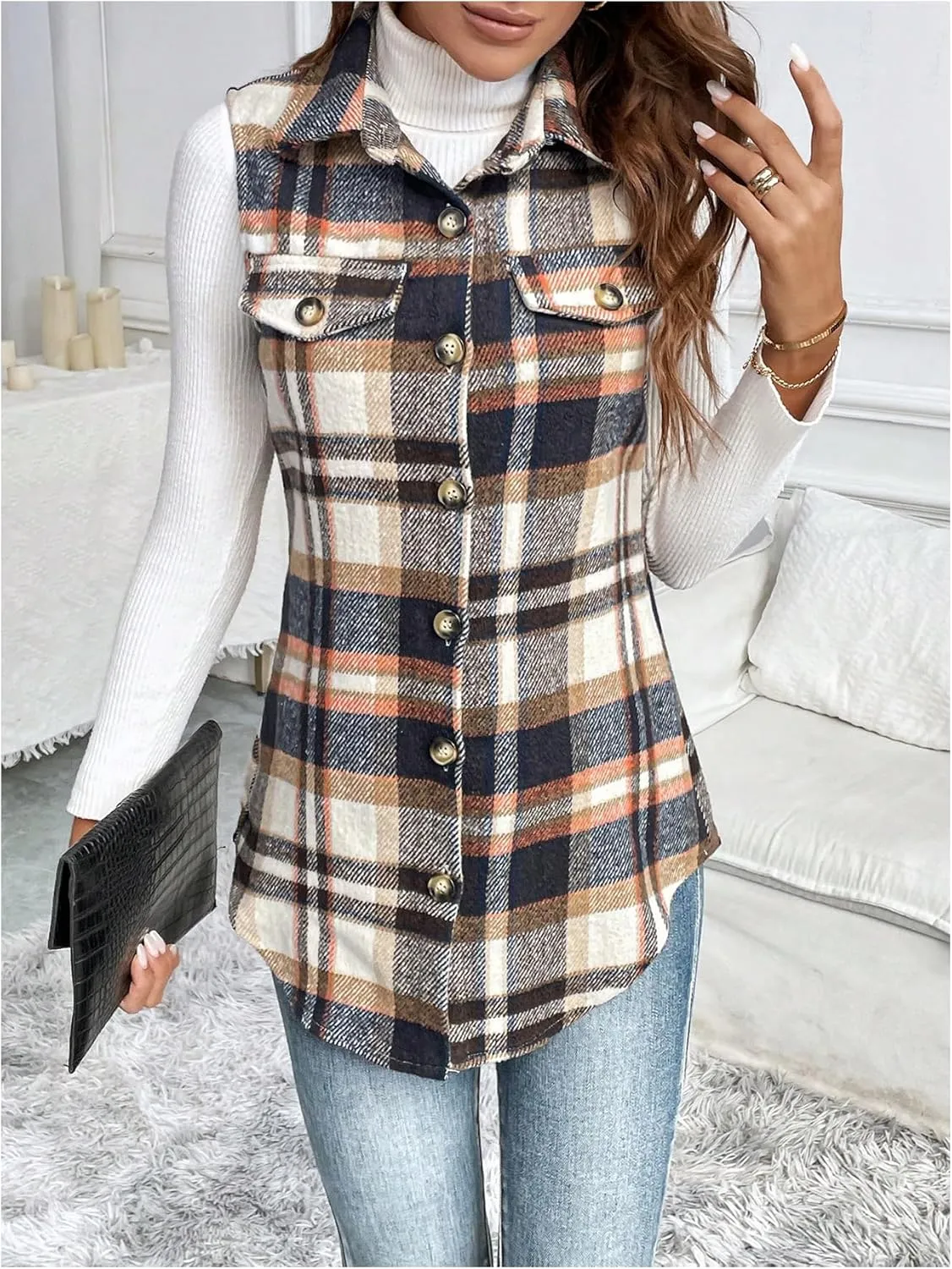 WDIRARA Women's Plaid Vest Button Down Sleeveless Shacket Jacket Collar Outerwear