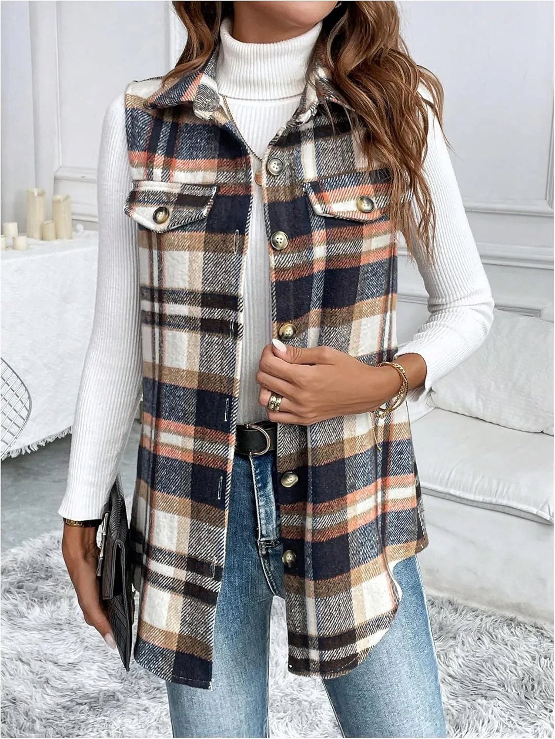 WDIRARA Women's Plaid Vest Button Down Sleeveless Shacket Jacket Collar Outerwear