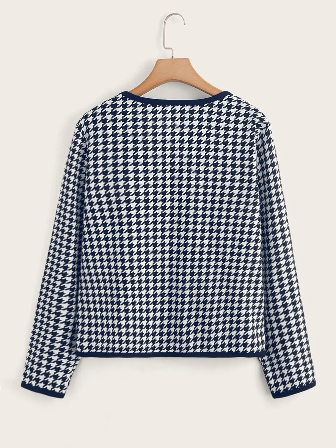WDIRARA Women's Plus Size Houndstooth Open Front Long Sleeve Jacket Outerwear