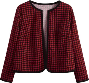 WDIRARA Women's Plus Size Houndstooth Open Front Long Sleeve Jacket Outerwear
