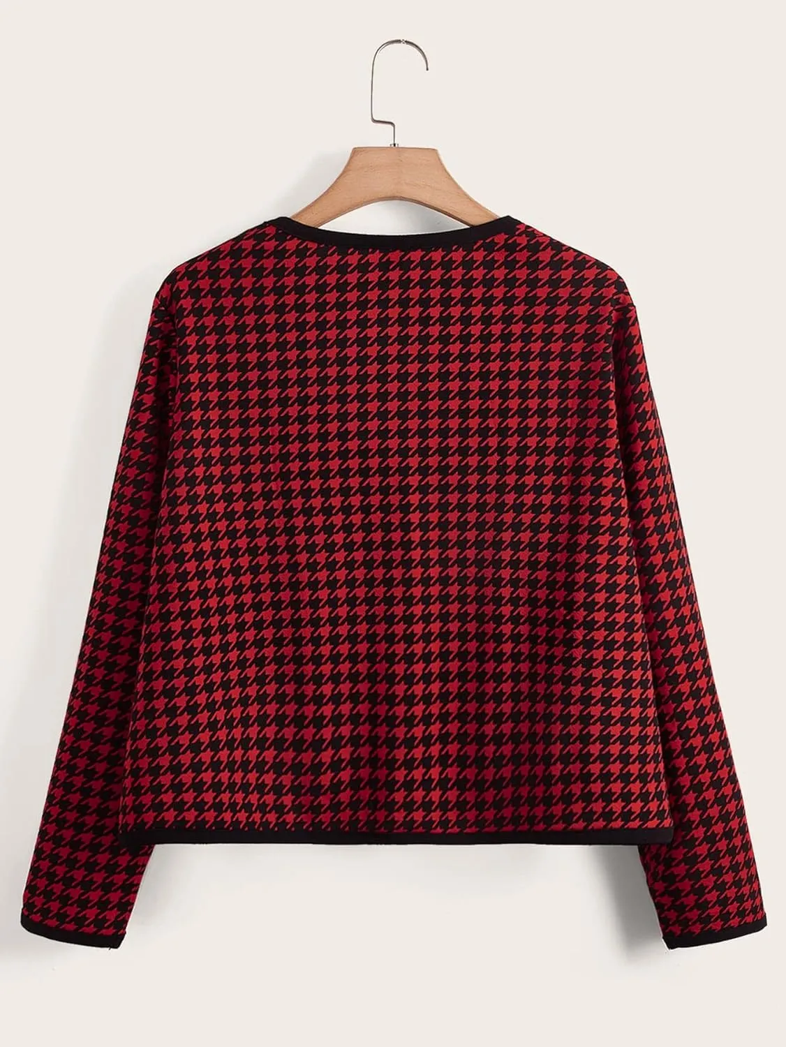 WDIRARA Women's Plus Size Houndstooth Open Front Long Sleeve Jacket Outerwear