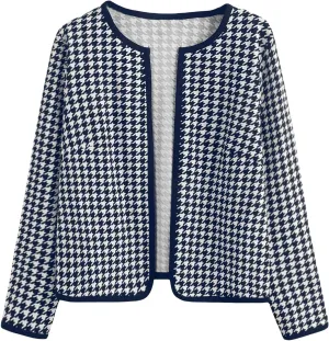 WDIRARA Women's Plus Size Houndstooth Open Front Long Sleeve Jacket Outerwear