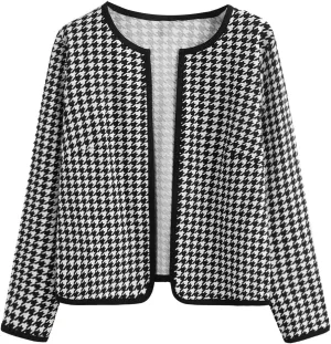 WDIRARA Women's Plus Size Houndstooth Open Front Long Sleeve Jacket Outerwear